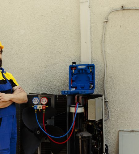 Portrait of professional engineer standing in front of fixed air conditioner, proud of work done. Skilled technician contracted by customer happy with smooth maintenance of hvac system components