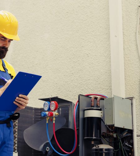 Technician commissioned for external air conditioner routine maintenance, looking for refrigerant leaks. Certified repairman doing hvac system inspection and safety check, writing report on clipboard